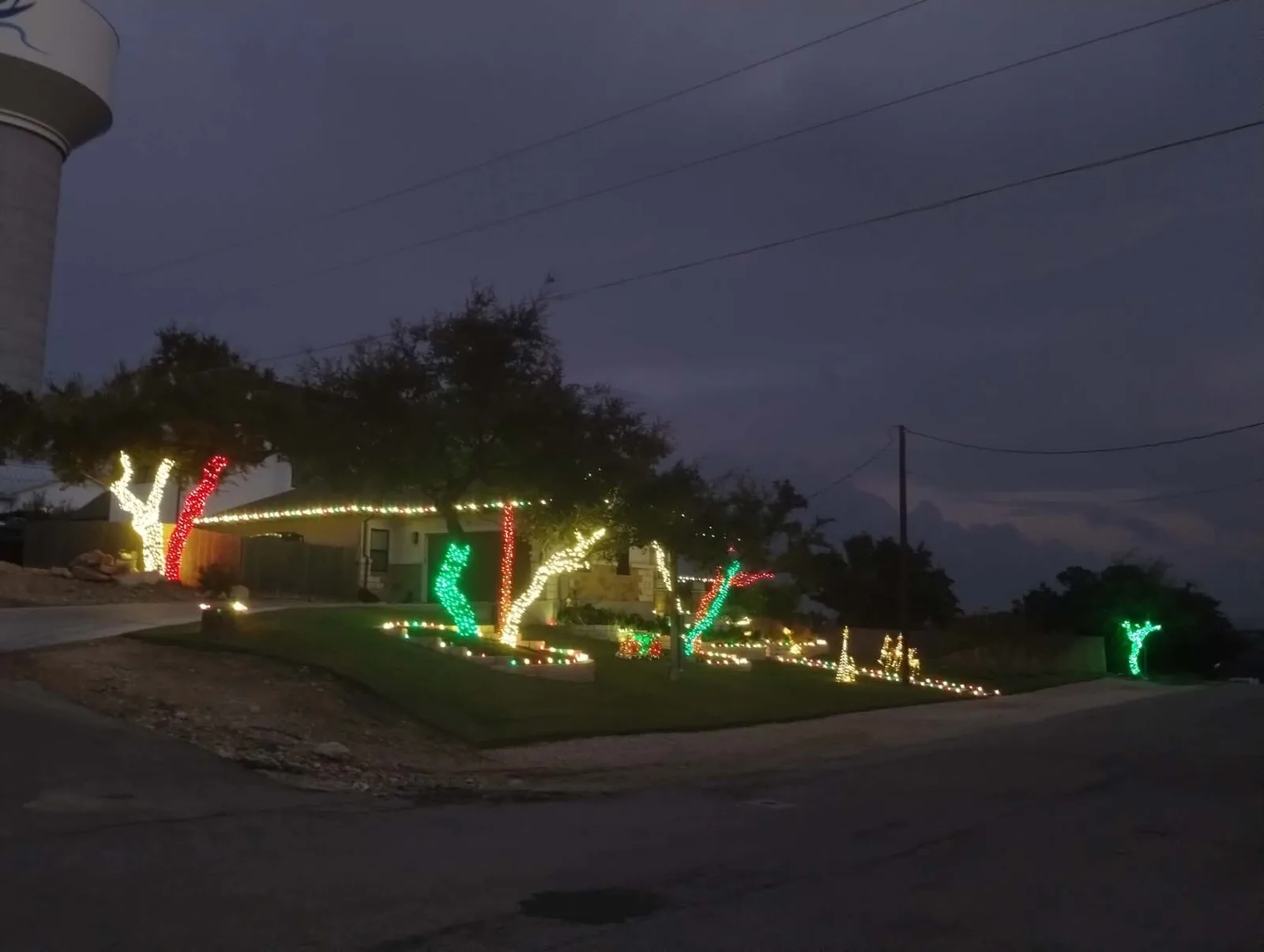 Red, green and white lights wrapped on trees and along a front walk at dusk.